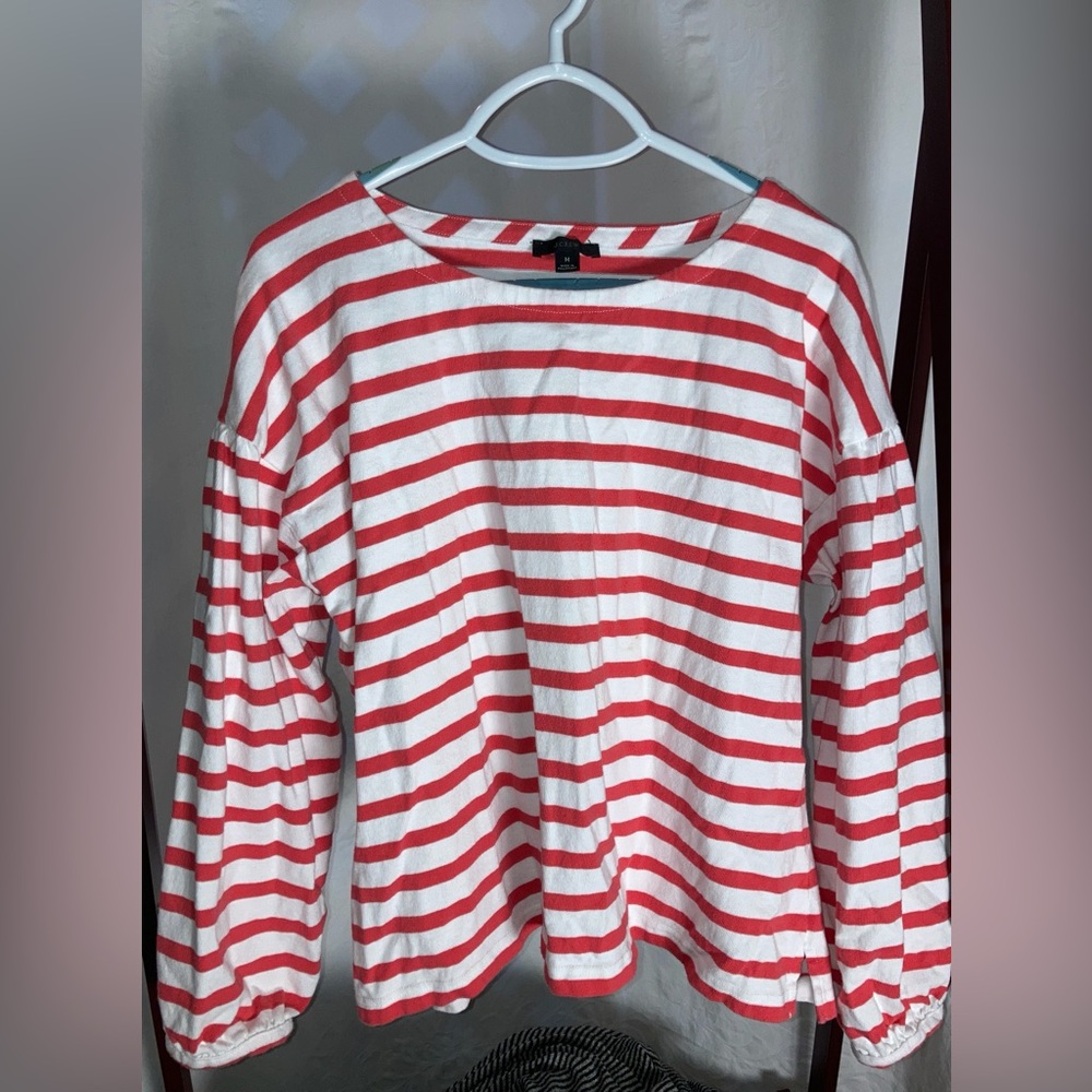 J Crew size M coral red & white stripe boat neck long sleeve T